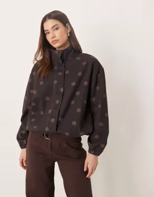denim funnel neck jacket in chocolate polka dot