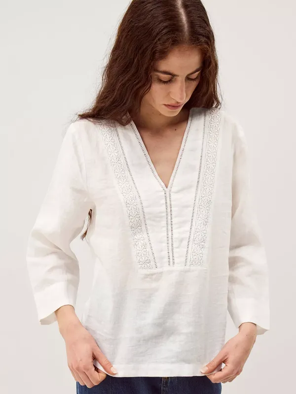 Monsoon Jayla Lace Trim Pure Linen Top, White