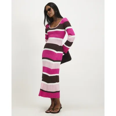 Petite Pink Stripe Long Sleeve Midi Dress