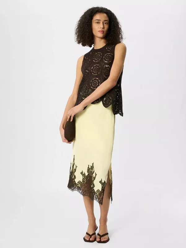 Whistles A-Line Satin Lace Hem Midi Skirt, Yellow/Multi