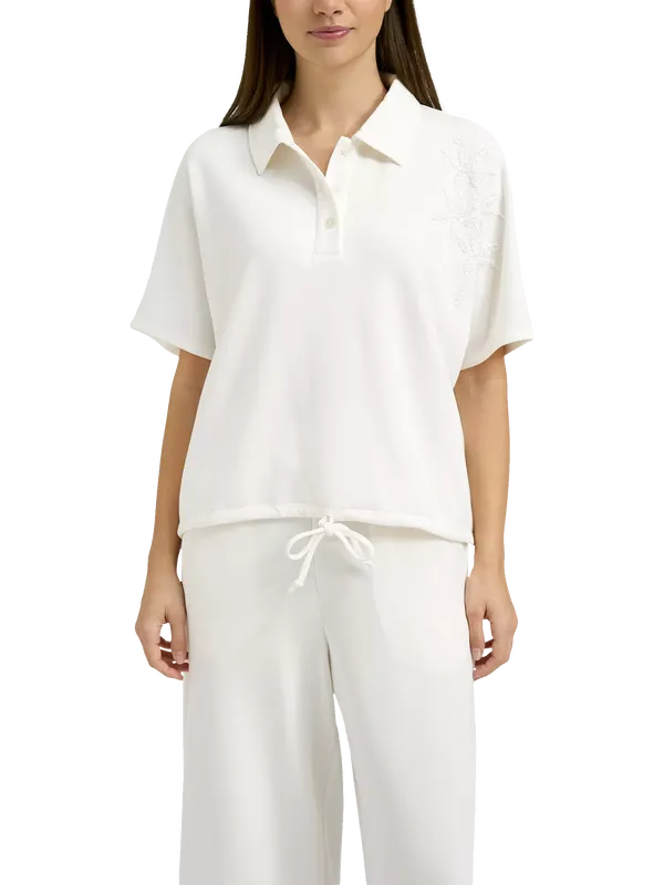 Smith & Soul Oversize Scuba Floral Beaded Sleeve Polo Shirt, Off White
