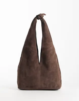 suede tote bag in chocolate with knot detail handle