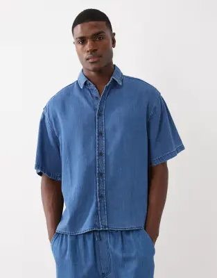 co-ord short sleeve oversized linen blend denim shirt in mid wash blue