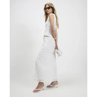 White Spot Print Mesh Maxi Skirt