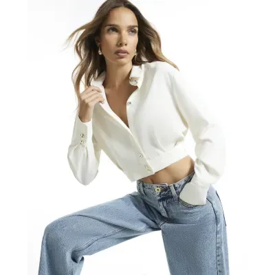 Cream Cropped Blouson Blouse