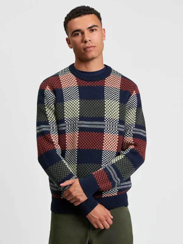 Ben Sherman Jacquard Check Wool Blend Jumper, Dark Navy