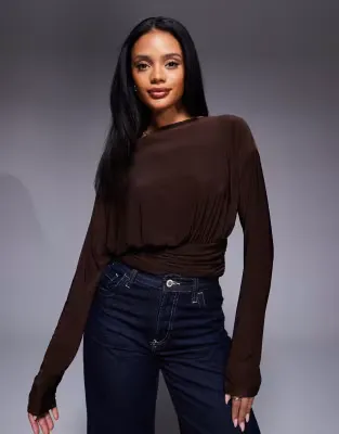 slinky off shoulder long sleeve top with cinch waist detail in chocolate