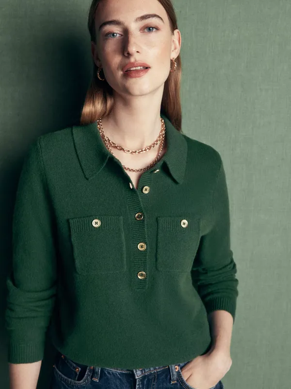 Boden Marianne Merino Wool Polo Jumper, Hunter Green
