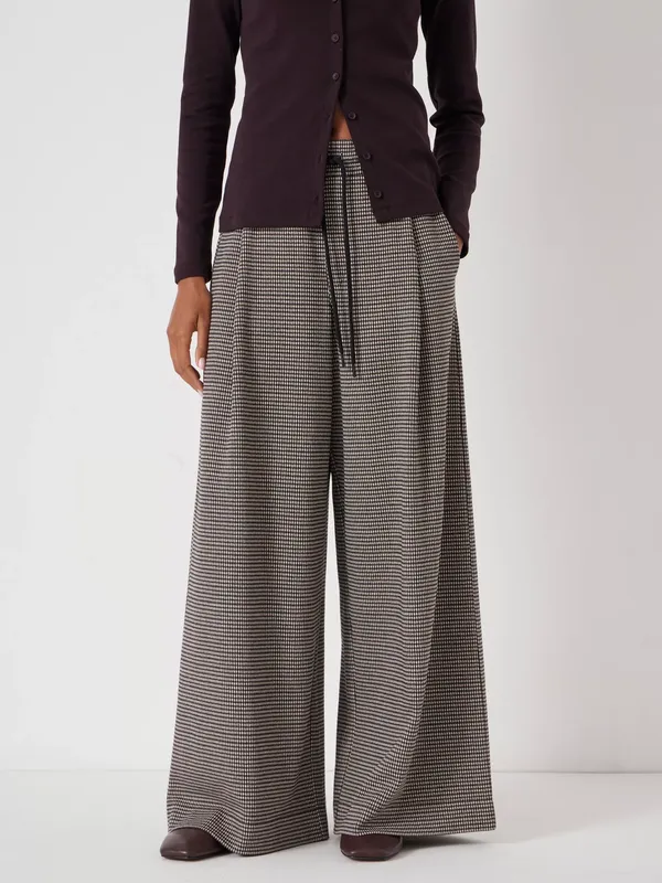 HUSH Check Jersey Wide Leg Trousers, Brown