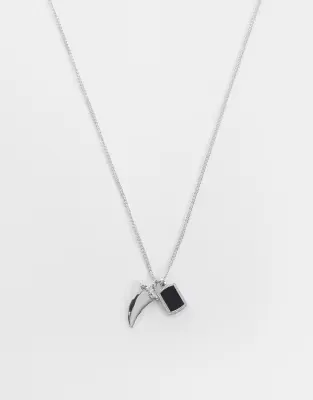 black square stone and shark tooth pendant necklace in silver