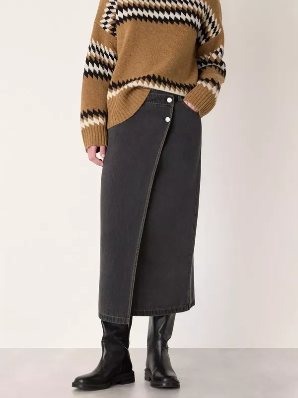 Whistles Asymmetric Wrap Denim Skirt, Washed Black