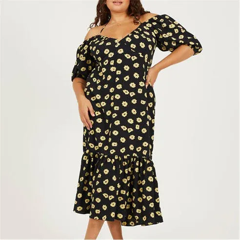 Brave Soul Plus Size Tiered Floral Midi Dress with Adjustable Sleeves