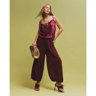 Burgundy Cowl Neck Satin Jacquard Cami Top