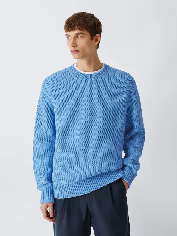 Kin Open Stitch Cotton Knit Crew Neck Jumper, Bright Blue