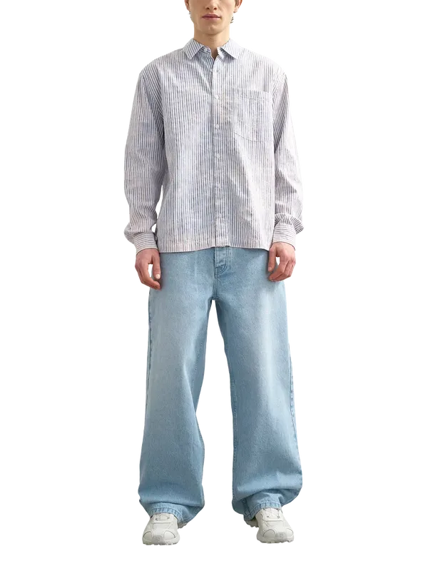 Topman Acid Wash Cotton Regular Fit Stripe Shirt, Blue