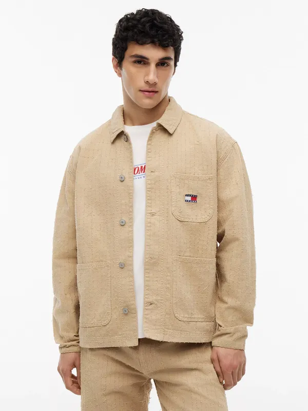 Tommy Hilfiger Cotton Oversized Fit Textured Canvas Overshirt, Beige
