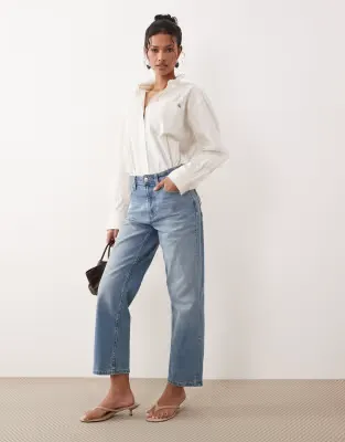 ankle grazer comfort stretch straight leg jeans in authentic mid blue