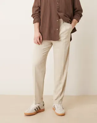 tailored carrot fit trousers in beige twill with turnups