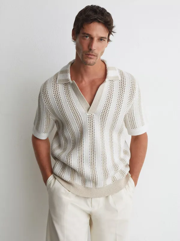 Reiss Globe Striped Knit Regular Fit Polo Shirt, Stone/White