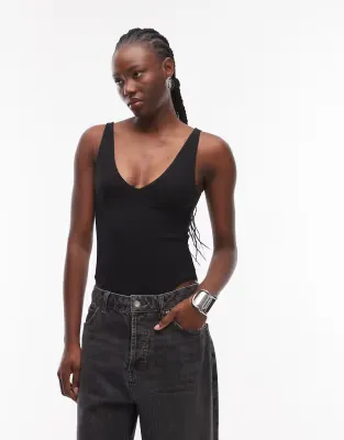 compact cotton v neck bodysuit in black