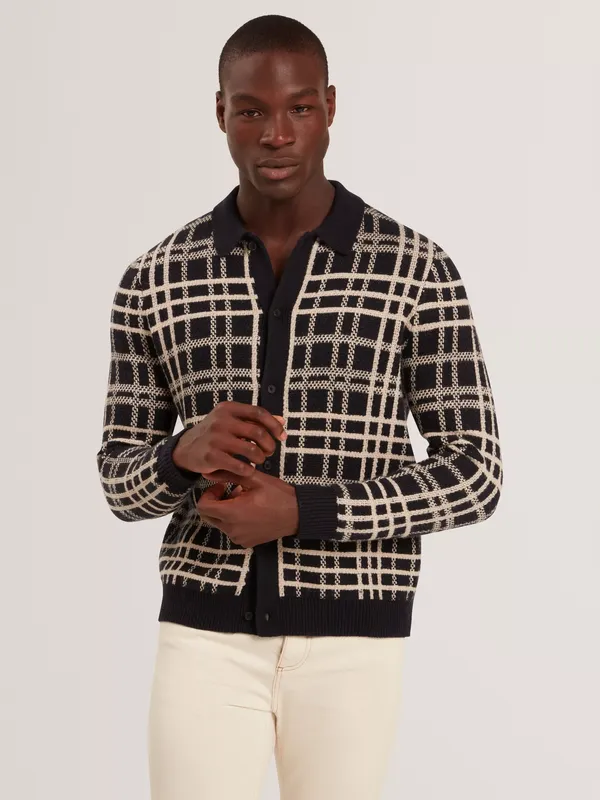 Ted Baker Jovien Long Sleeve Check Polo Shirt, Navy