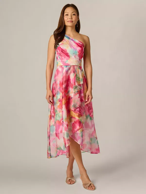 Adrianna Papell Petite Watercolour Print High Low Dress, Ivory/Multi