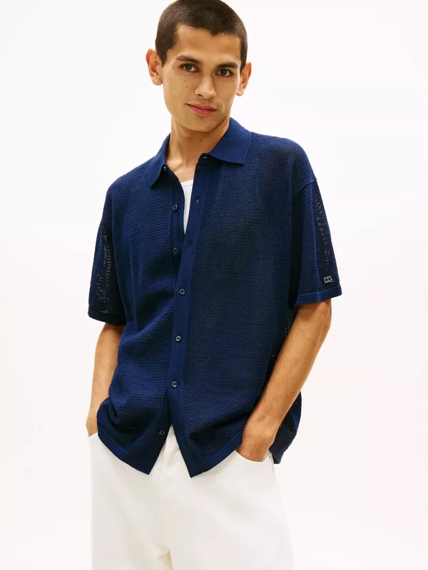 Tommy Hilfiger Smart Casual Cotton Textured Waffle Knit Shirt, Navy