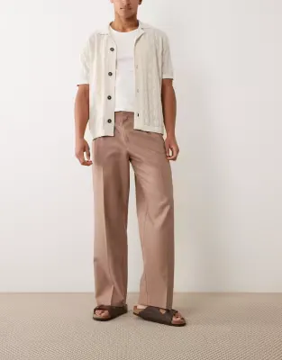 summer cotton smart wide leg trousers in brown texture