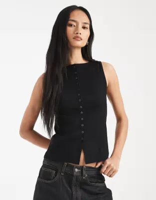 boat neck button through tank top in black