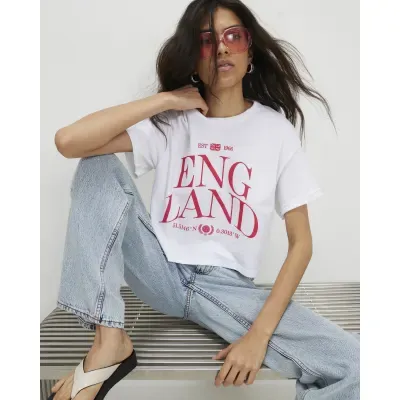 White Cotton Boxy Fit England Cropped T-Shirt