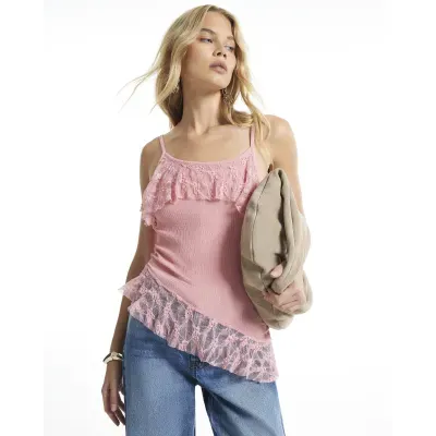 Pink Asymmetric Lace Trim Cami Top