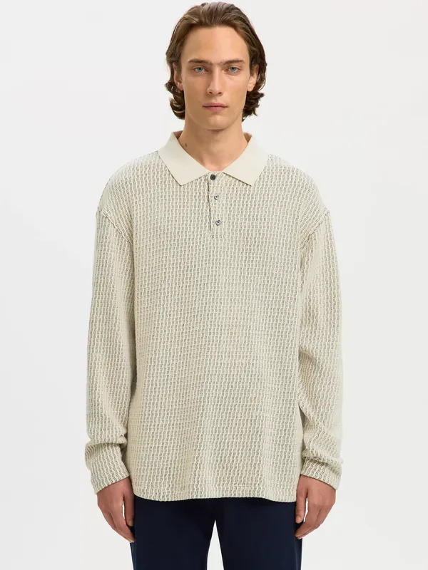 Selected Cotton Blend Regular Fit Long Sleeve Polo Shirt, Egret
