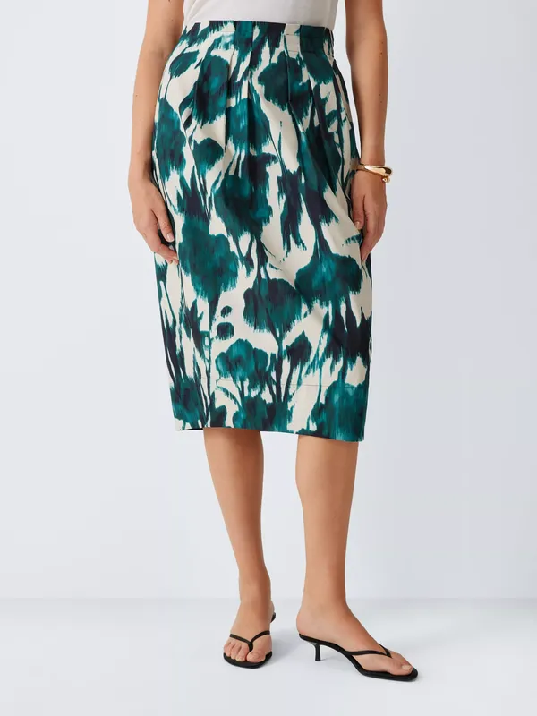 John Lewis Blurred Floral Print Cotton Pencil Skirt, Teal Mix Print