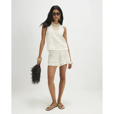 Cream Crochet Fringe Hem Shorts