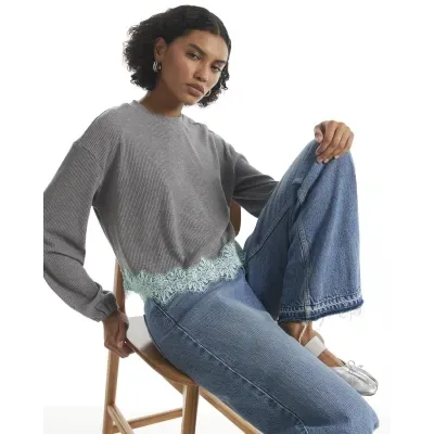 Grey Lace Hem Sweatshirt