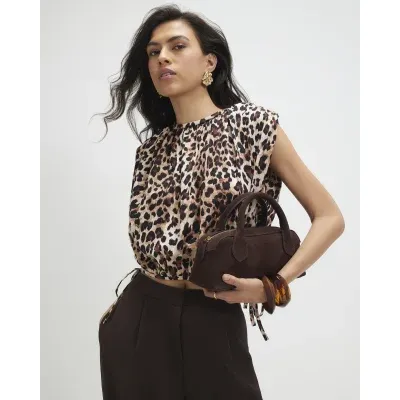 Brown Cotton Leopard Print Bubble Hem T-Shirt