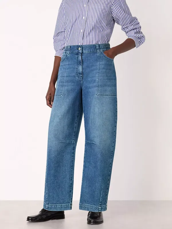 Whistles Elasticated Waist Barrel Leg Jeans, Blue