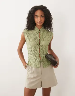 lace rouleaux loop detail waist coat in sage