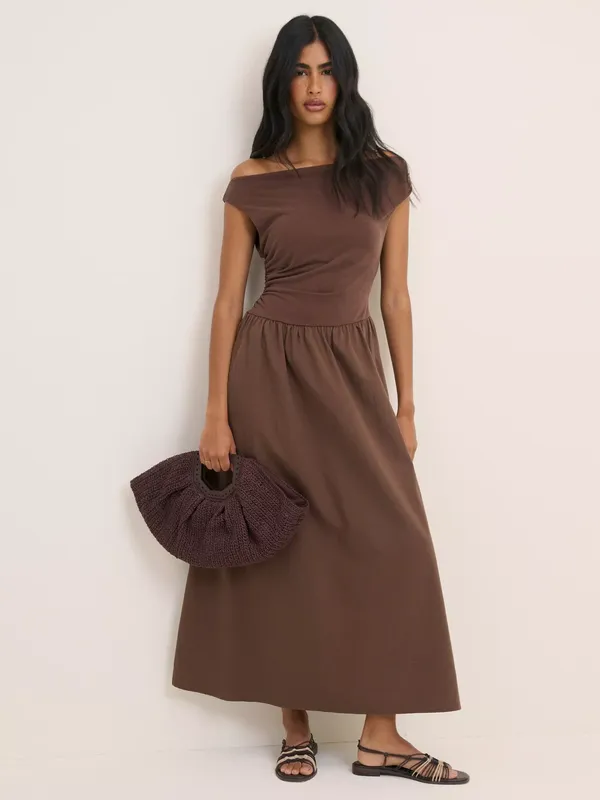 Nobody's Child Beth Asymmetric Neckline Midi Dress, Brown