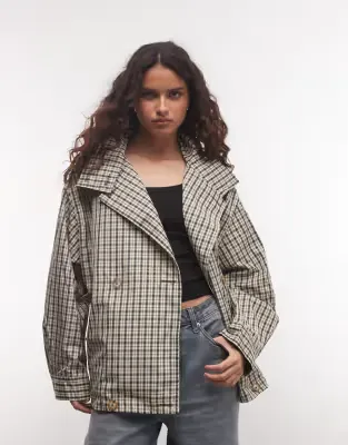 funnel neck button front trench jacket in stone check