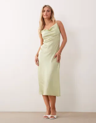 satin cowl neck midi dress in sage green