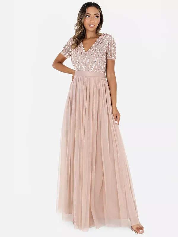 Maya Deluxe Stripe Embellished Sash Belt Maxi Dress