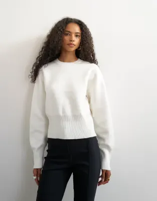 knitted clean cinch waist batwing sleeve jumper in ivory