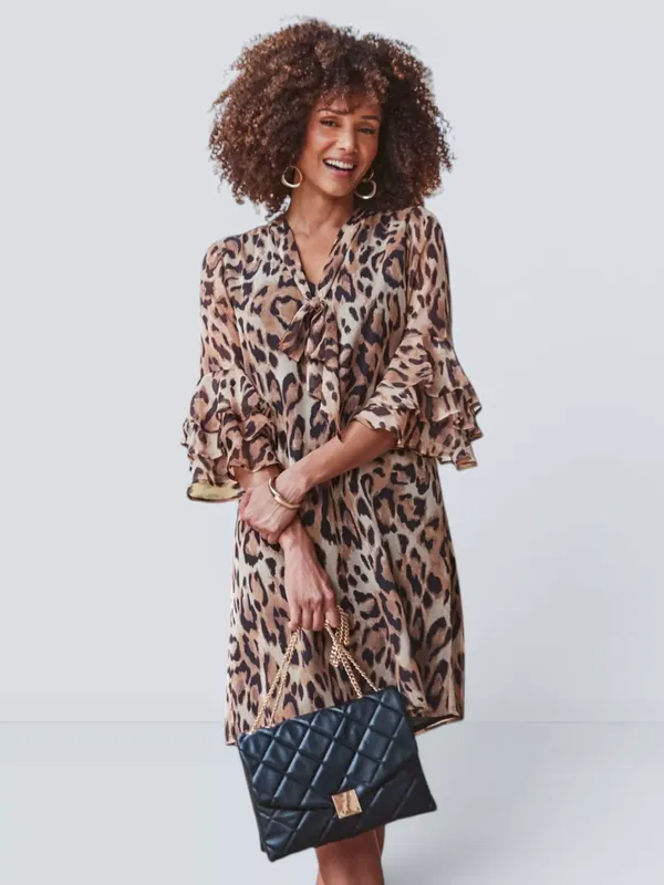 Sosandar Leopard Print Tie Neck Dress, Brown/Multi