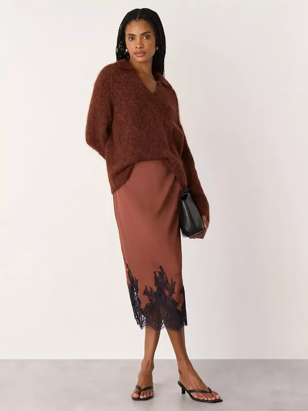 Whistles Lace Hem Satin Midi Skirt