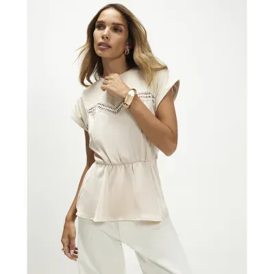Cream Satin Hybrid Tie Waist T-Shirt