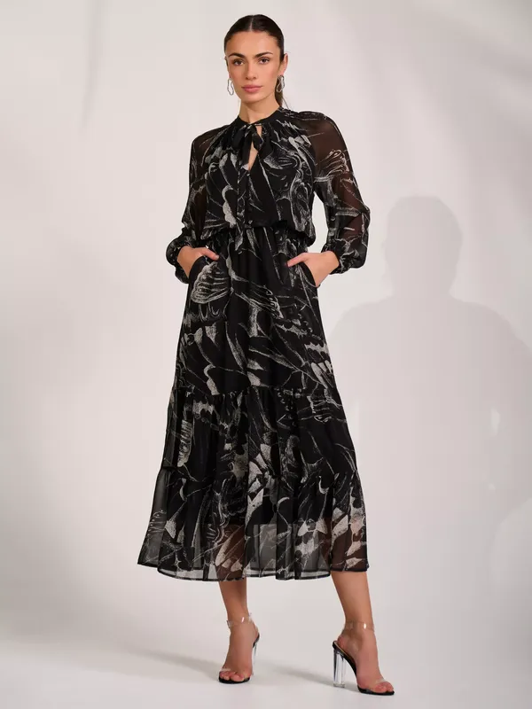 Jolie Moi Tie Neck Tiered Maxi Dress, Black
