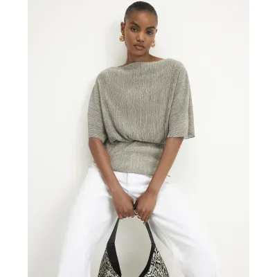Khaki Plisse Batwing Top