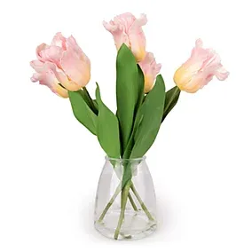 Pink & Green 42cm Tulip Artificial floral arrangement in Clear Soft Touch Glass Vase