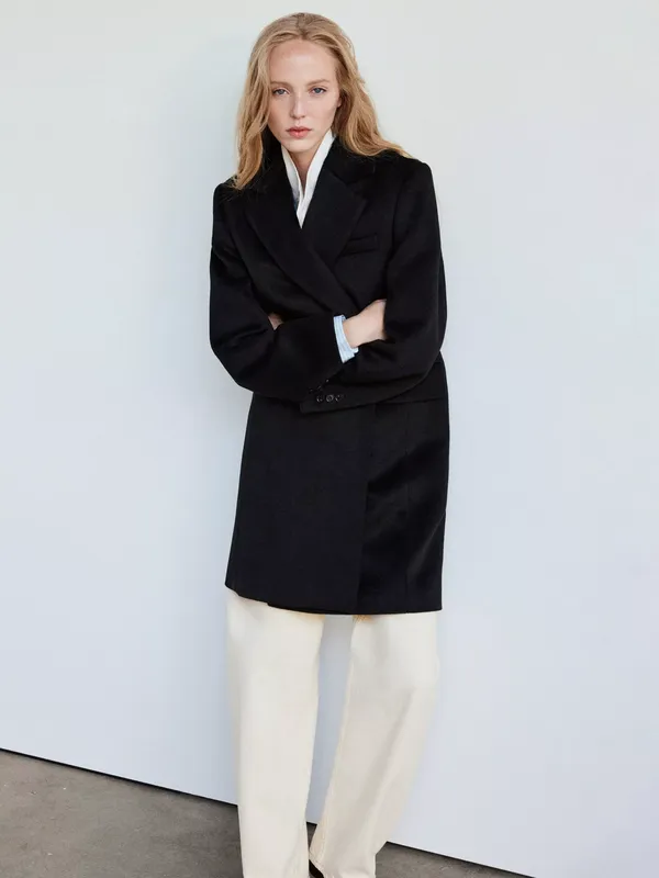 Mango Double Breasted Knee Length Coat, Black